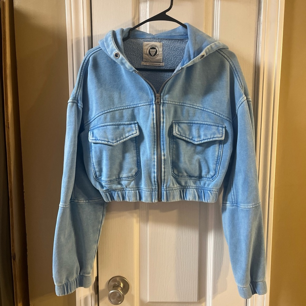 Urban Outfitters Denim Blue  Hooded Cropped Zip Up Sweatshirt Sz Small
